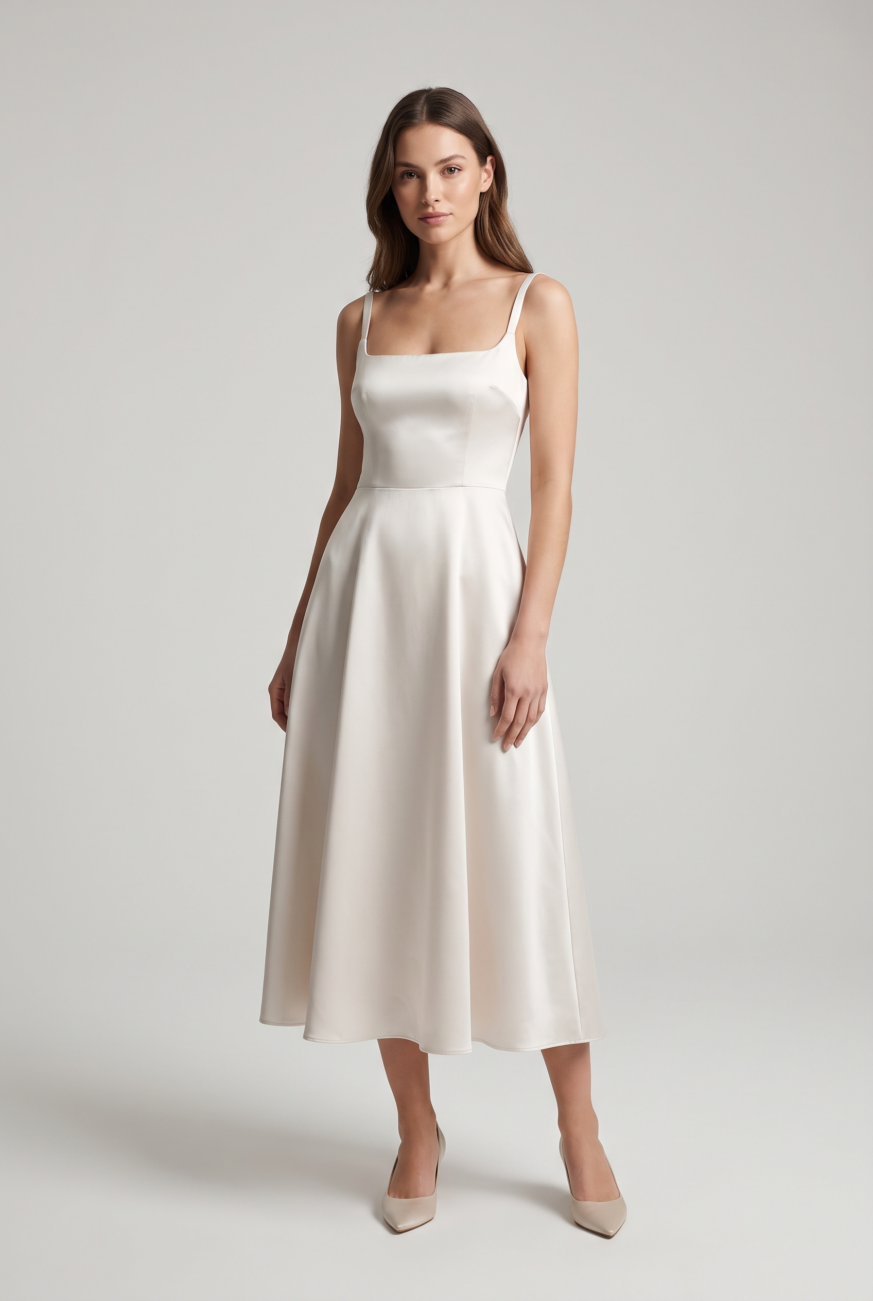 Camille — Square-Neck Satin Midi Dress