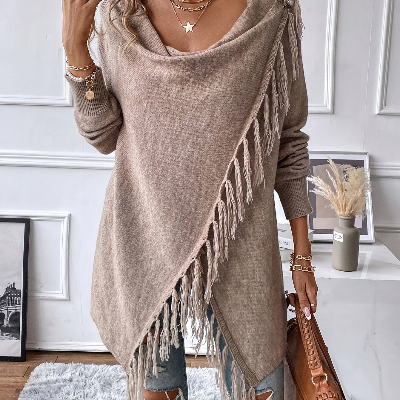 Seraphine | Fringed Draped Neck Shawl - view 11