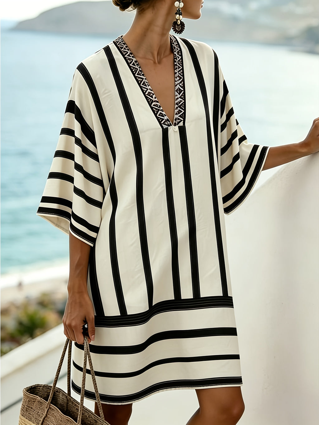 Collins | Striped Print V-Neck Boho Dress