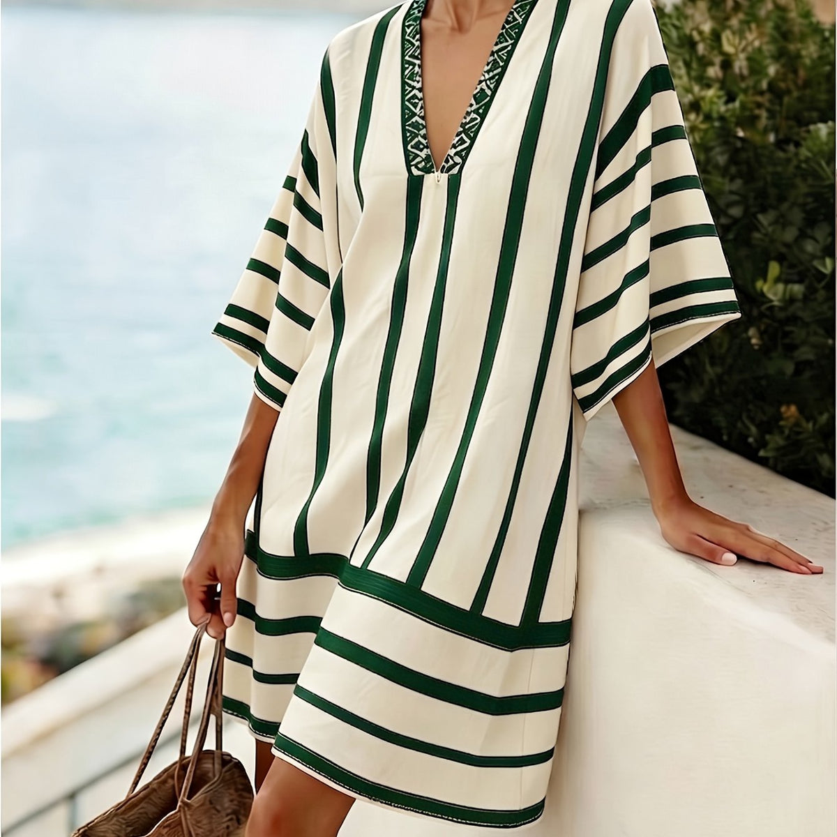 Collins | Striped Print V-Neck Boho Dress
