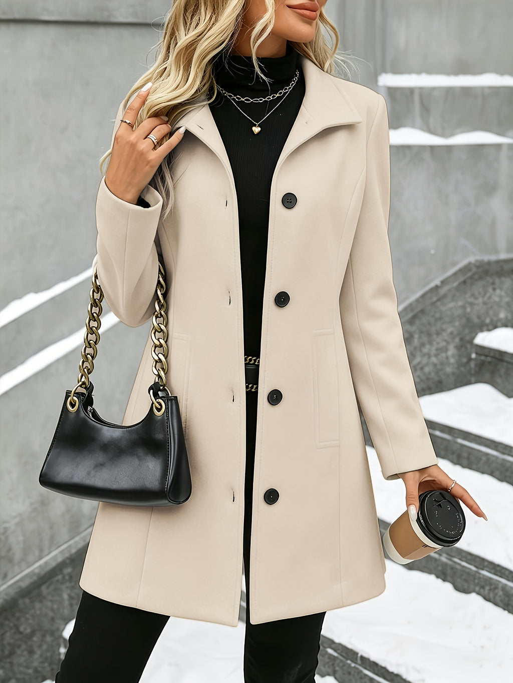 Verena | Stand Collar Textured Overcoat - front view