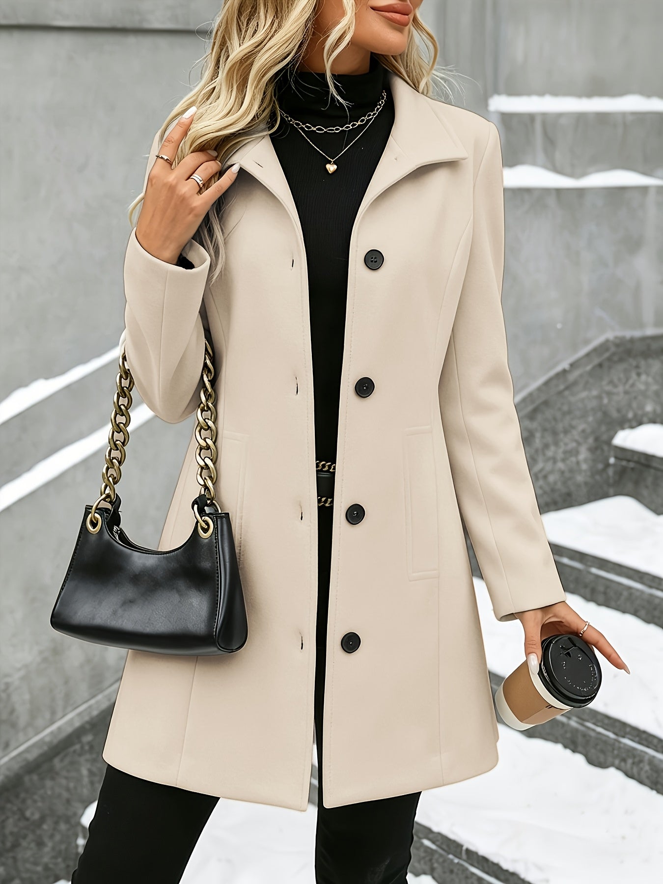 Verena | Stand Collar Textured Overcoat - front view