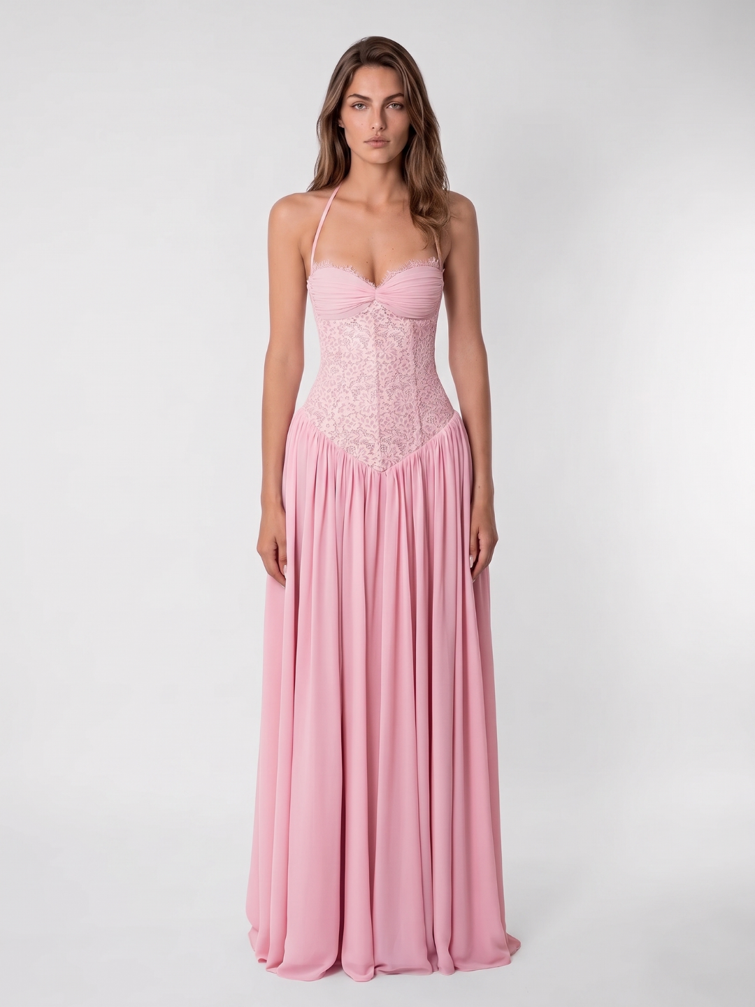 Evangeline | Lace Corset Halter Flowing Maxi Dress