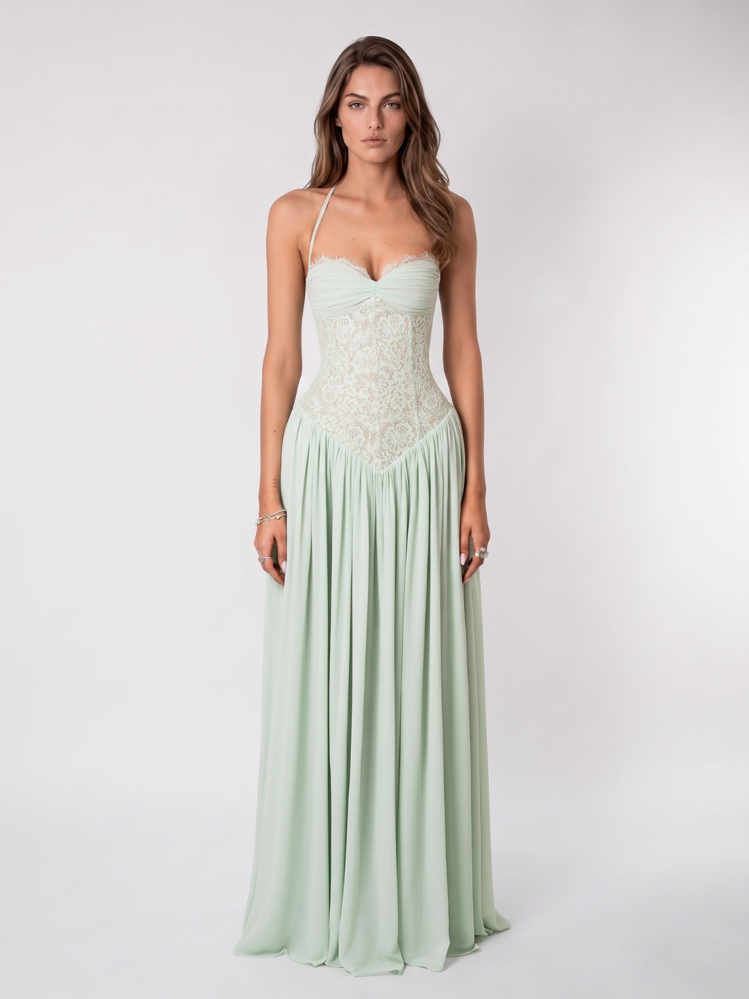 Evangeline | Lace Corset Halter Flowing Maxi Dress