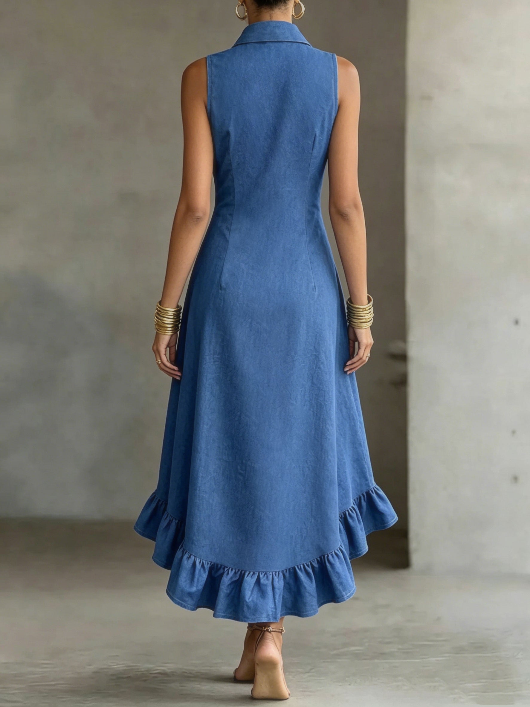 Hollis | Denim-Look Lapel Button-Up Midi Dress