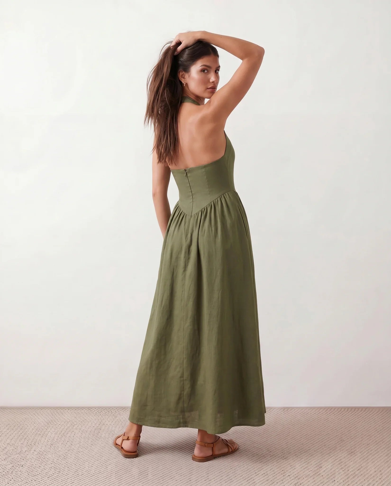 Vivienne Women's Basque Waist Halter Maxi Dress