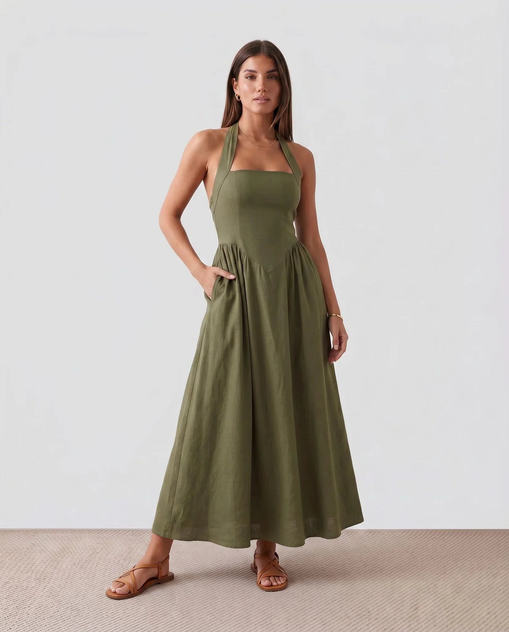 Vivienne Women's Basque Waist Halter Maxi Dress