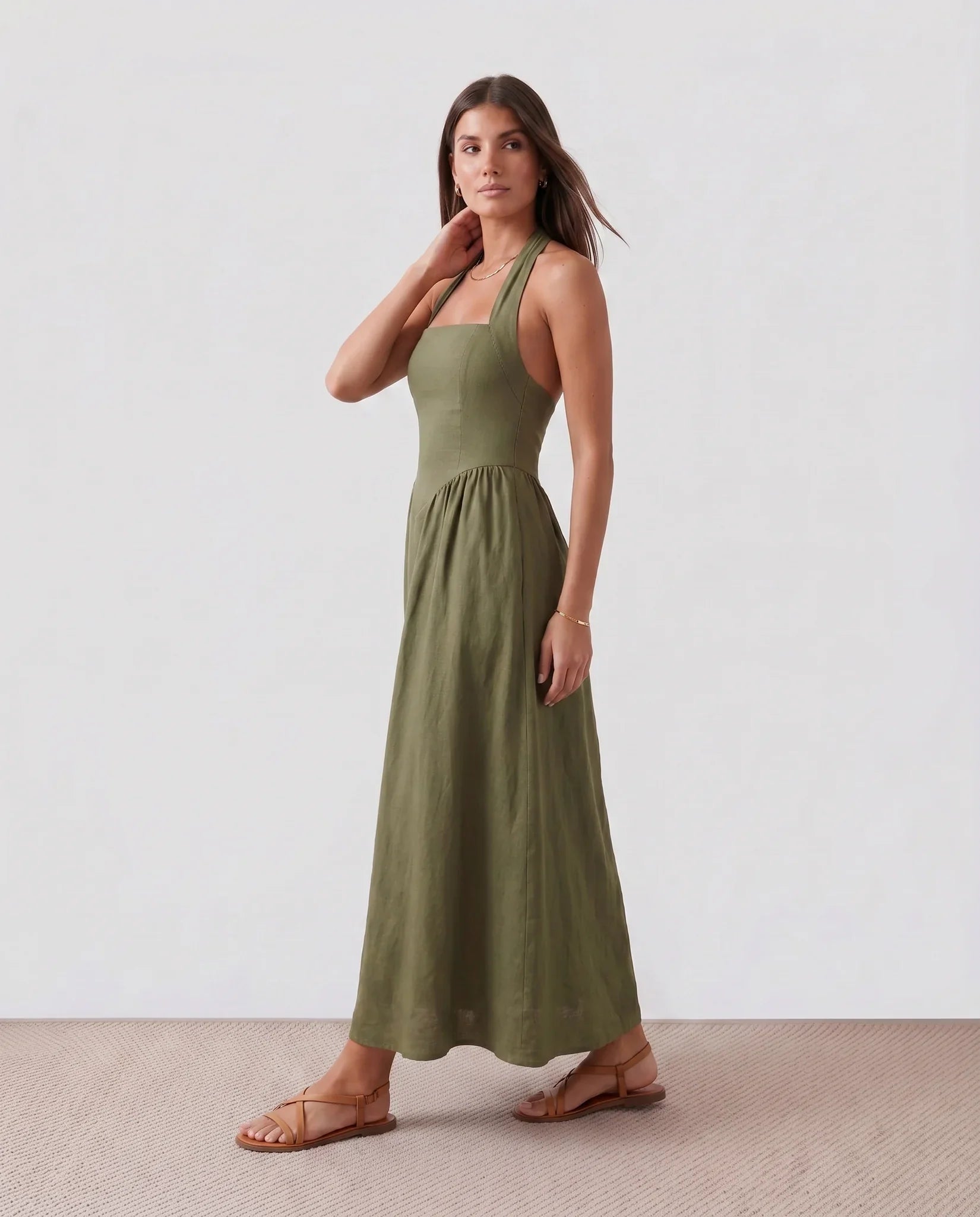 Vivienne Women's Basque Waist Halter Maxi Dress