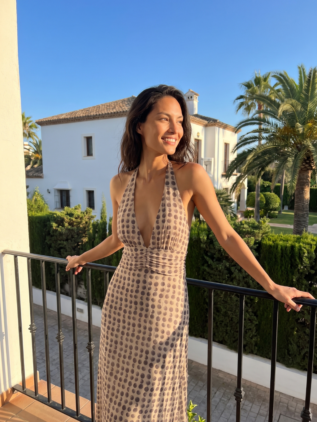 Odette | Polka Dot Halter Plunge Backless Maxi Dress