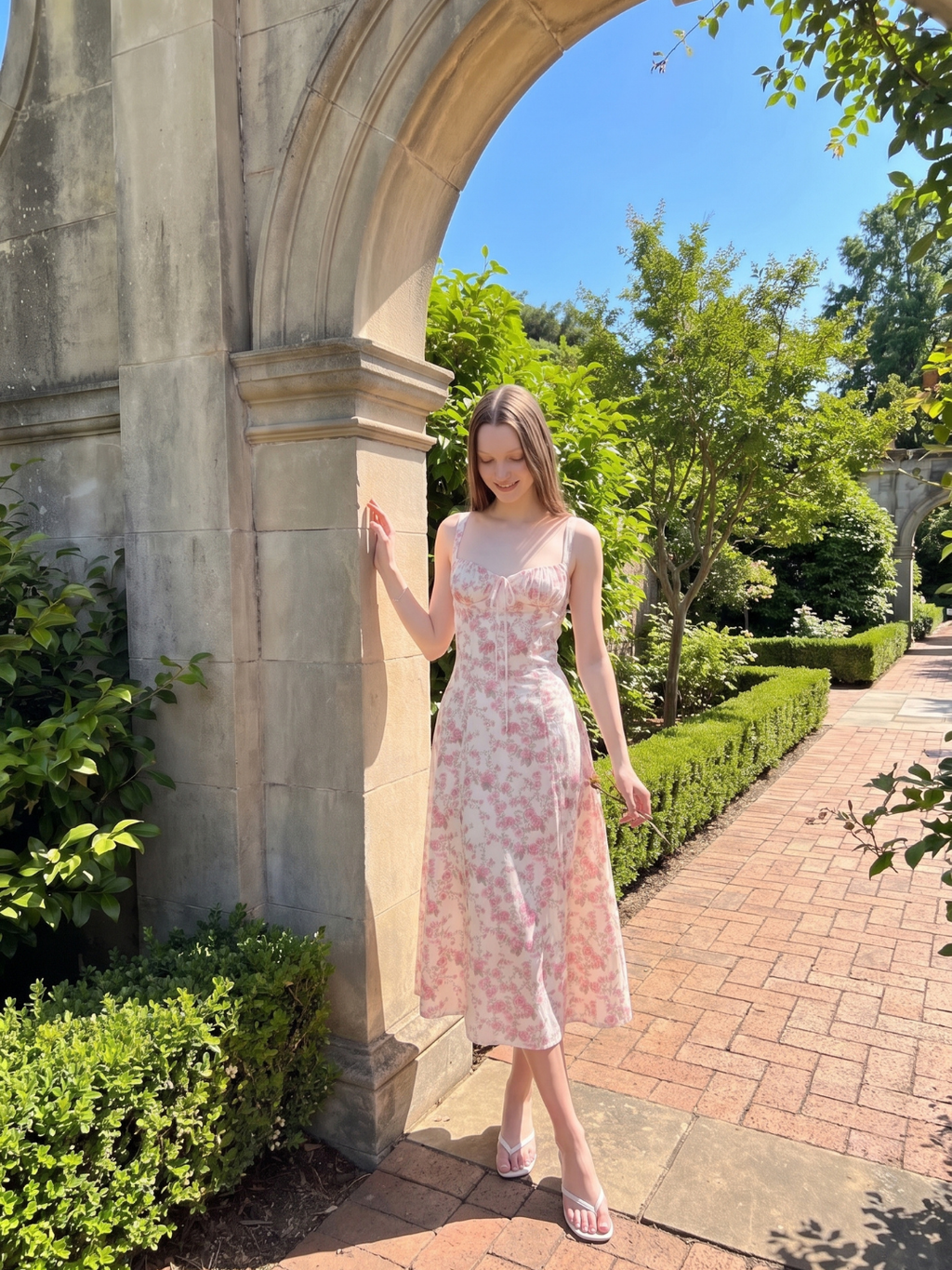 Raina | Rose Print Corset Bustier Midi Sundress