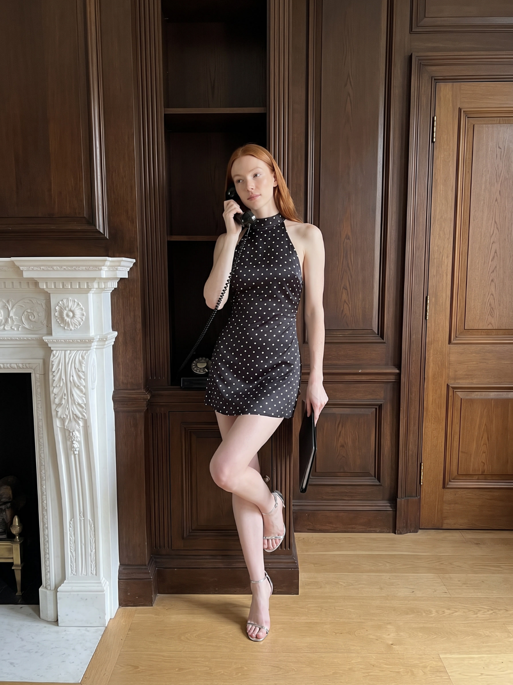 Colette | Polka Dot Satin Mock Neck Halter Mini Dress