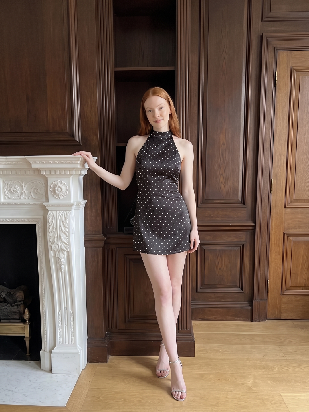 Colette | Polka Dot Satin Mock Neck Halter Mini Dress