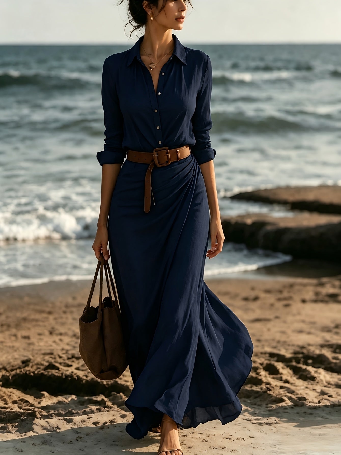 Reese | Collared Button-Front Belted Shirt Maxi Dress