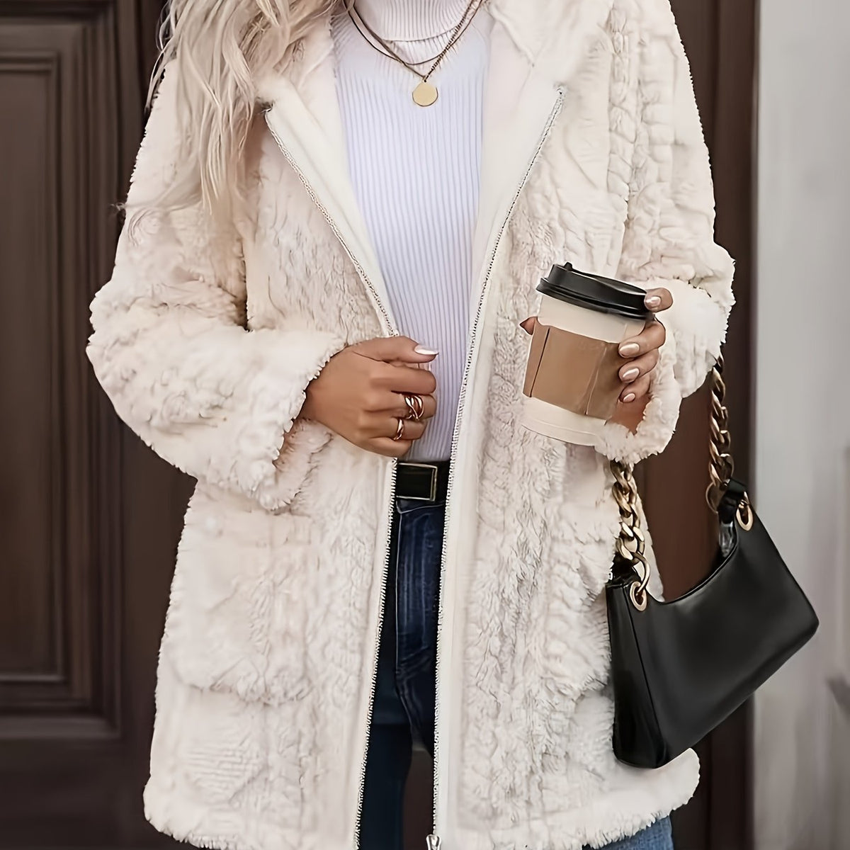 Hazel | Plush Zip Up Hooded Mid Length Coat - view 13