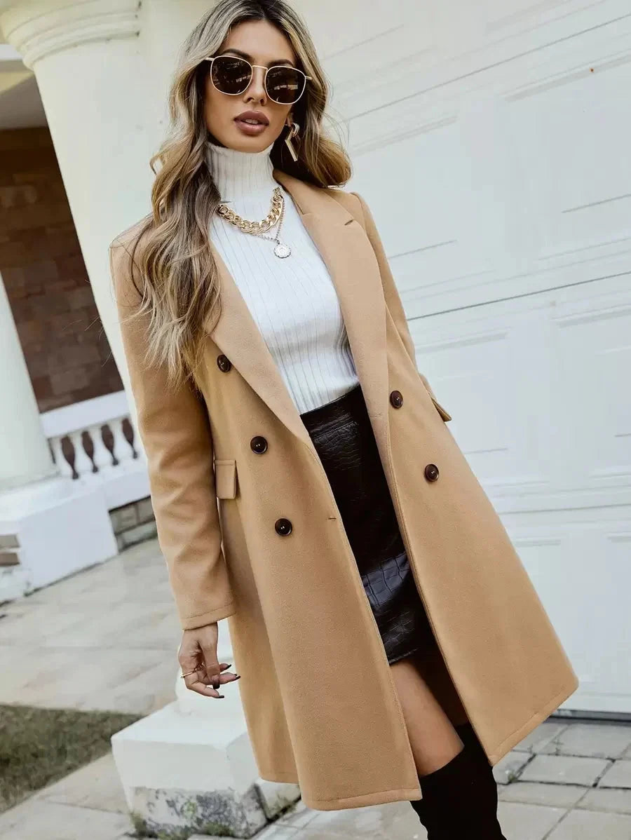 Ashley | Double-Breasted Lapel Collar Overcoat, Knee-Length Winter Coat