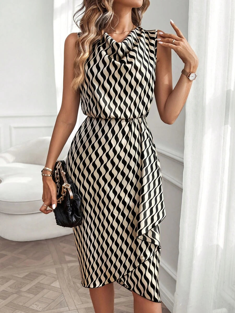 Camryn | Geometric Print Cowl Neck Asymmetric Hem Dress