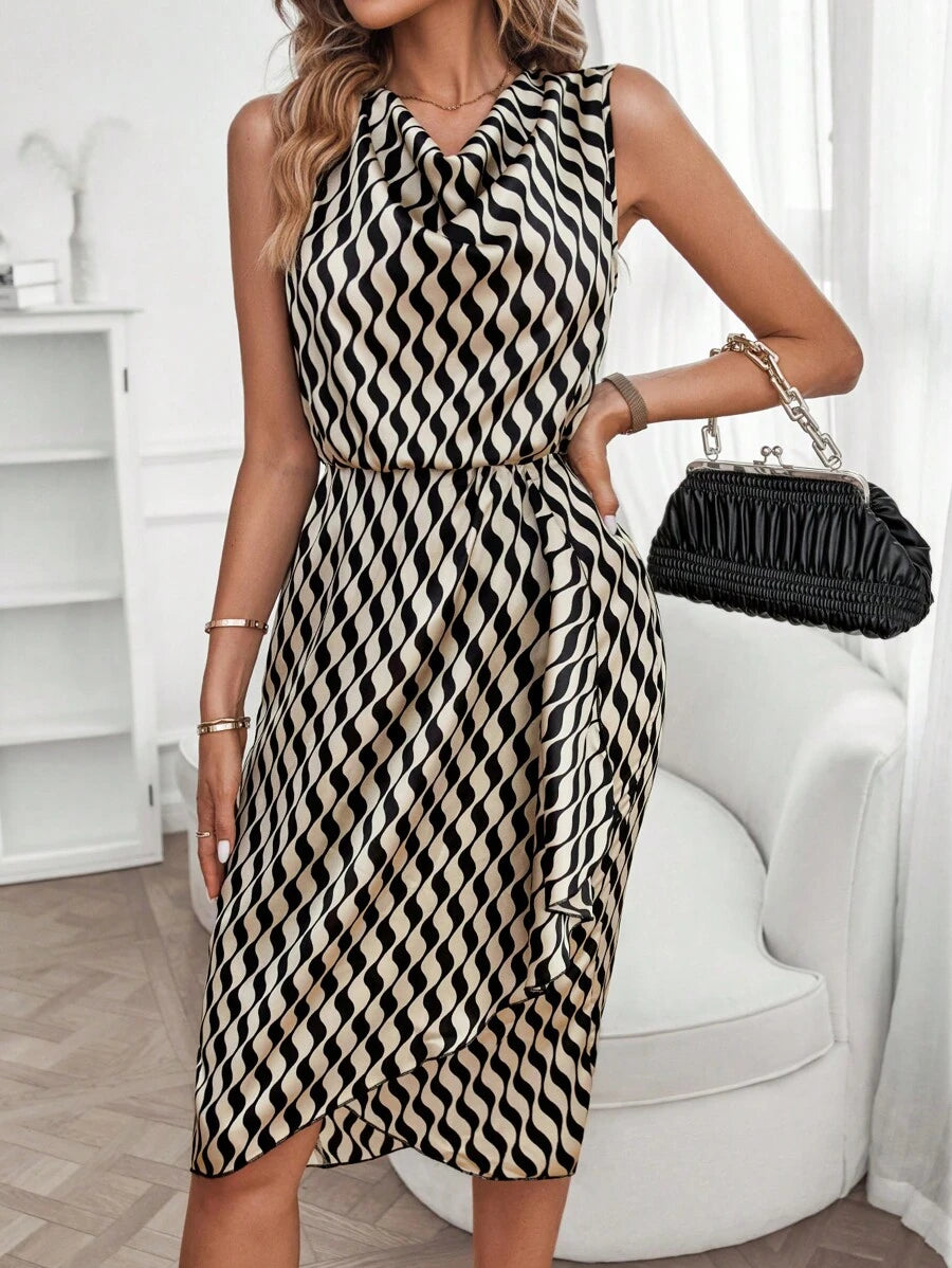 Camryn | Geometric Print Cowl Neck Asymmetric Hem Dress