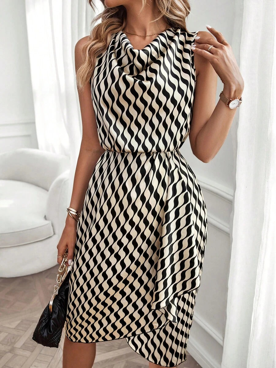 Camryn | Geometric Print Cowl Neck Asymmetric Hem Dress
