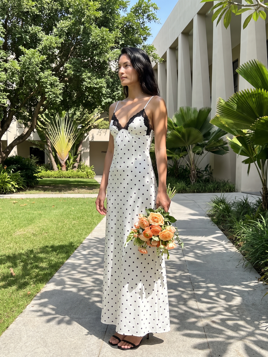 Emmeline | Polka Dot Lace Trim Slip Maxi Dress