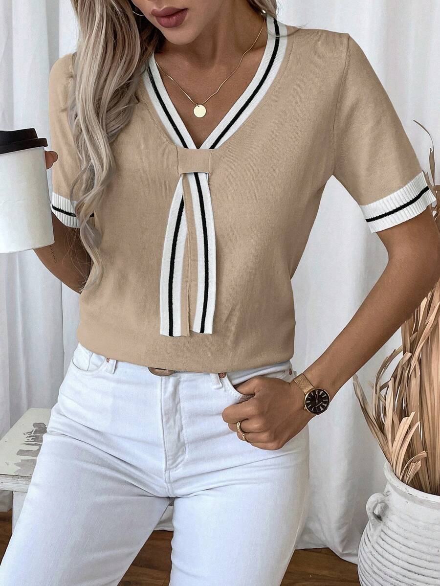 Madelyn | Tie-Neck V-Neck Knit Top with Contrast Trim, Everyday Short Sleeve Sweater