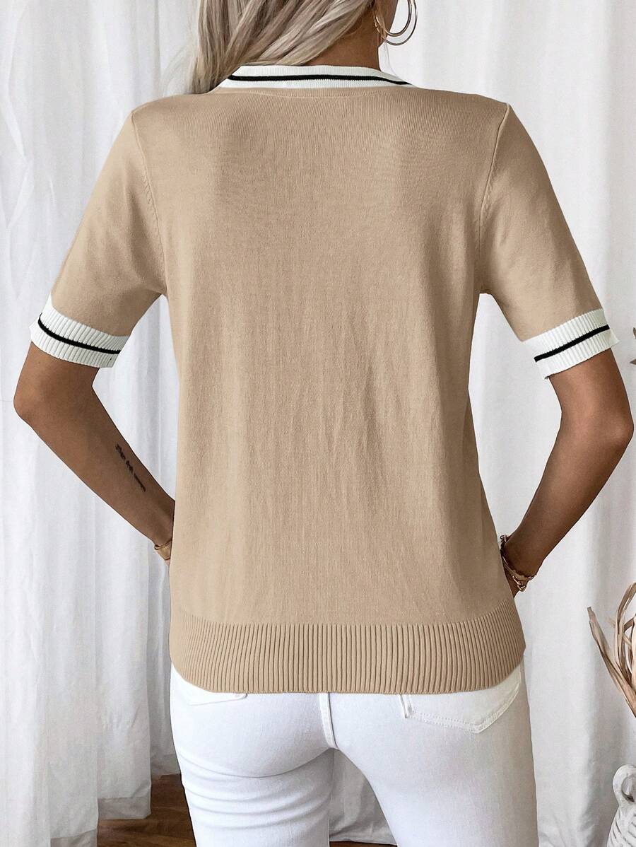 Madelyn | Tie-Neck V-Neck Knit Top with Contrast Trim, Everyday Short Sleeve Sweater