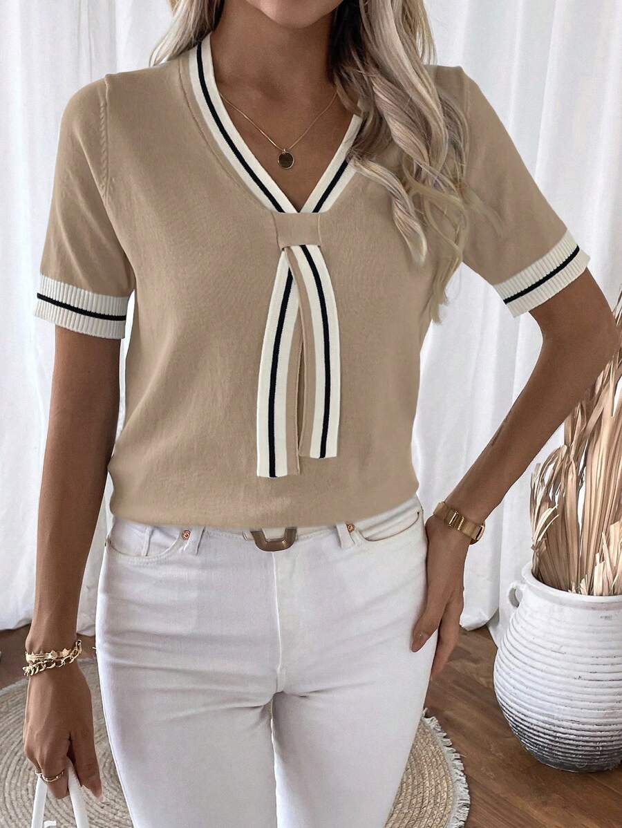 Madelyn | Tie-Neck V-Neck Knit Top with Contrast Trim, Everyday Short Sleeve Sweater