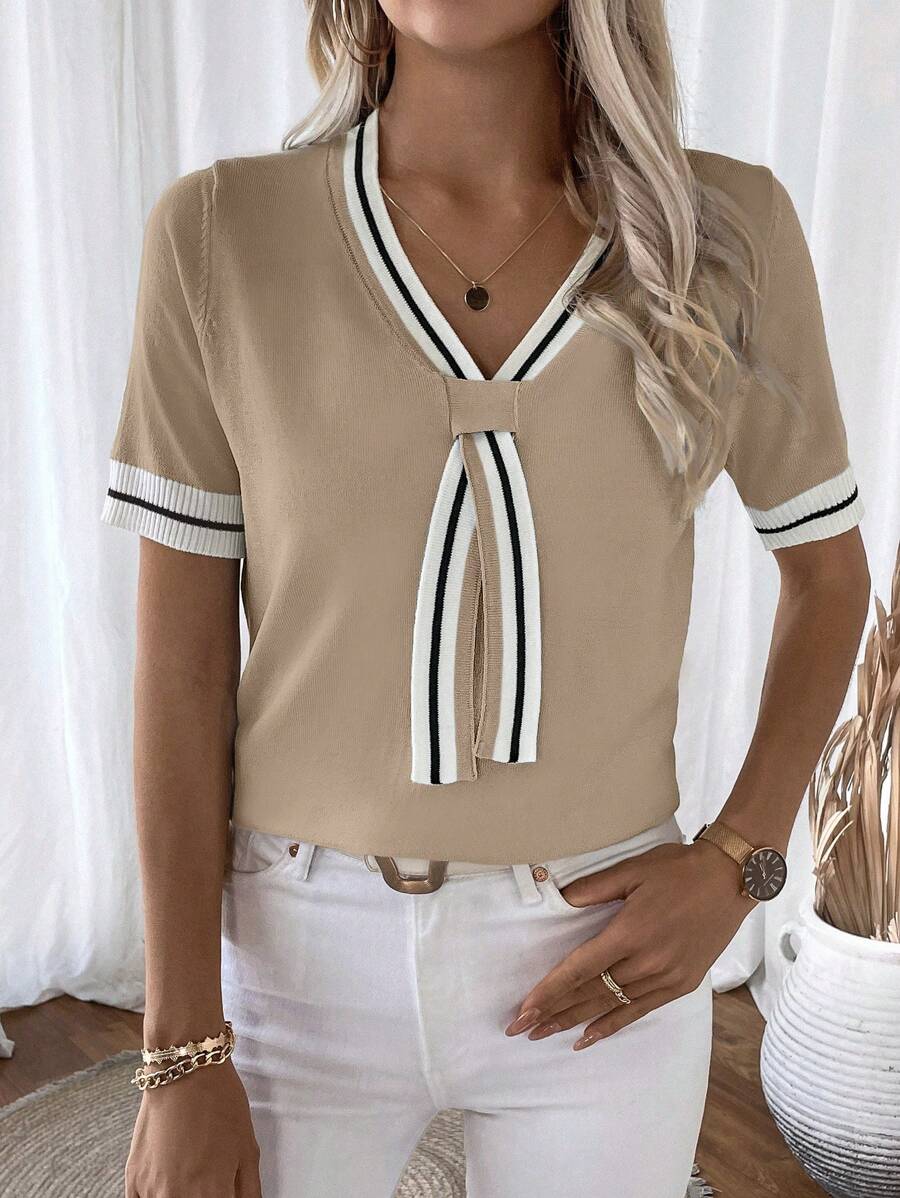 Madelyn | Tie-Neck V-Neck Knit Top with Contrast Trim, Everyday Short Sleeve Sweater