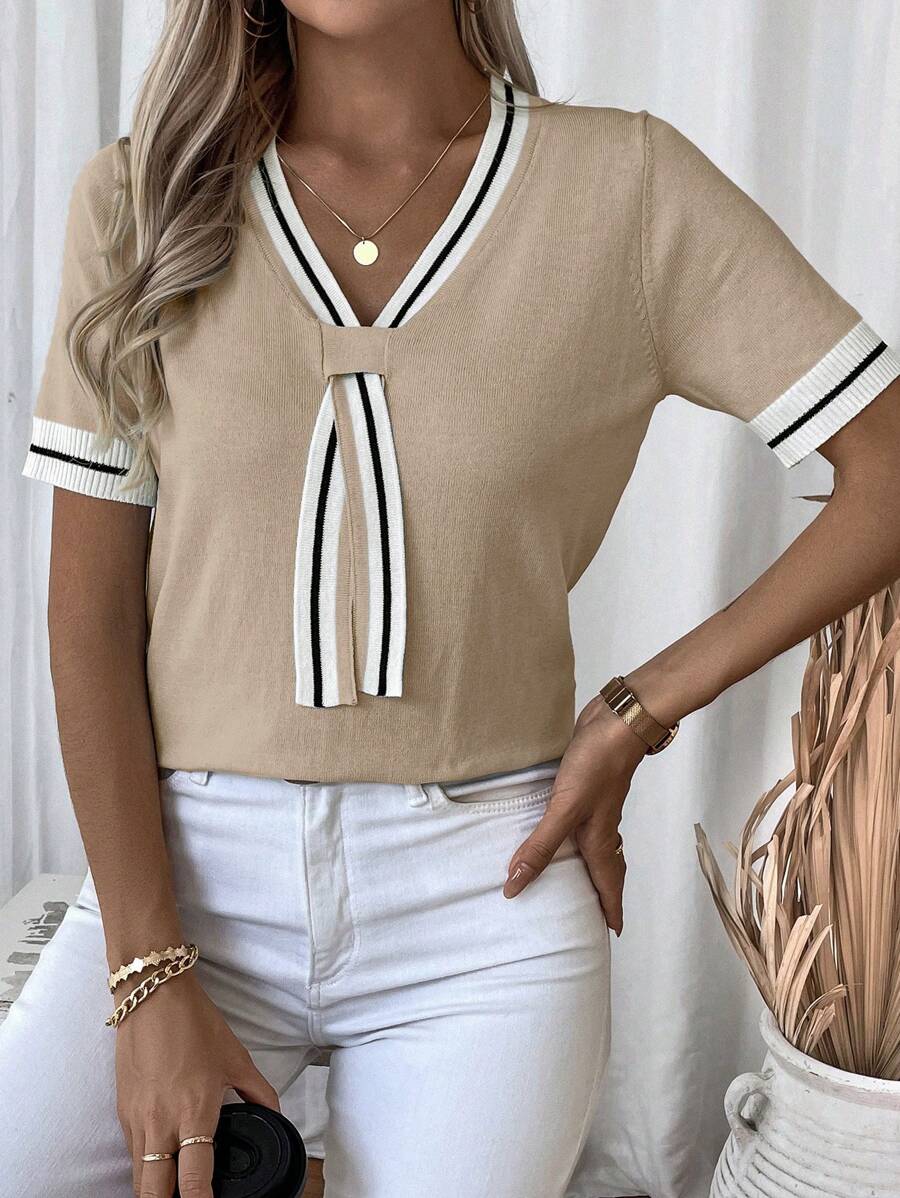 Madelyn | Tie-Neck V-Neck Knit Top with Contrast Trim, Everyday Short Sleeve Sweater