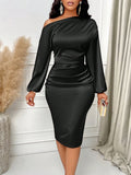 Sabrina | Asymmetric Neck Ruched Satin Midi Dress