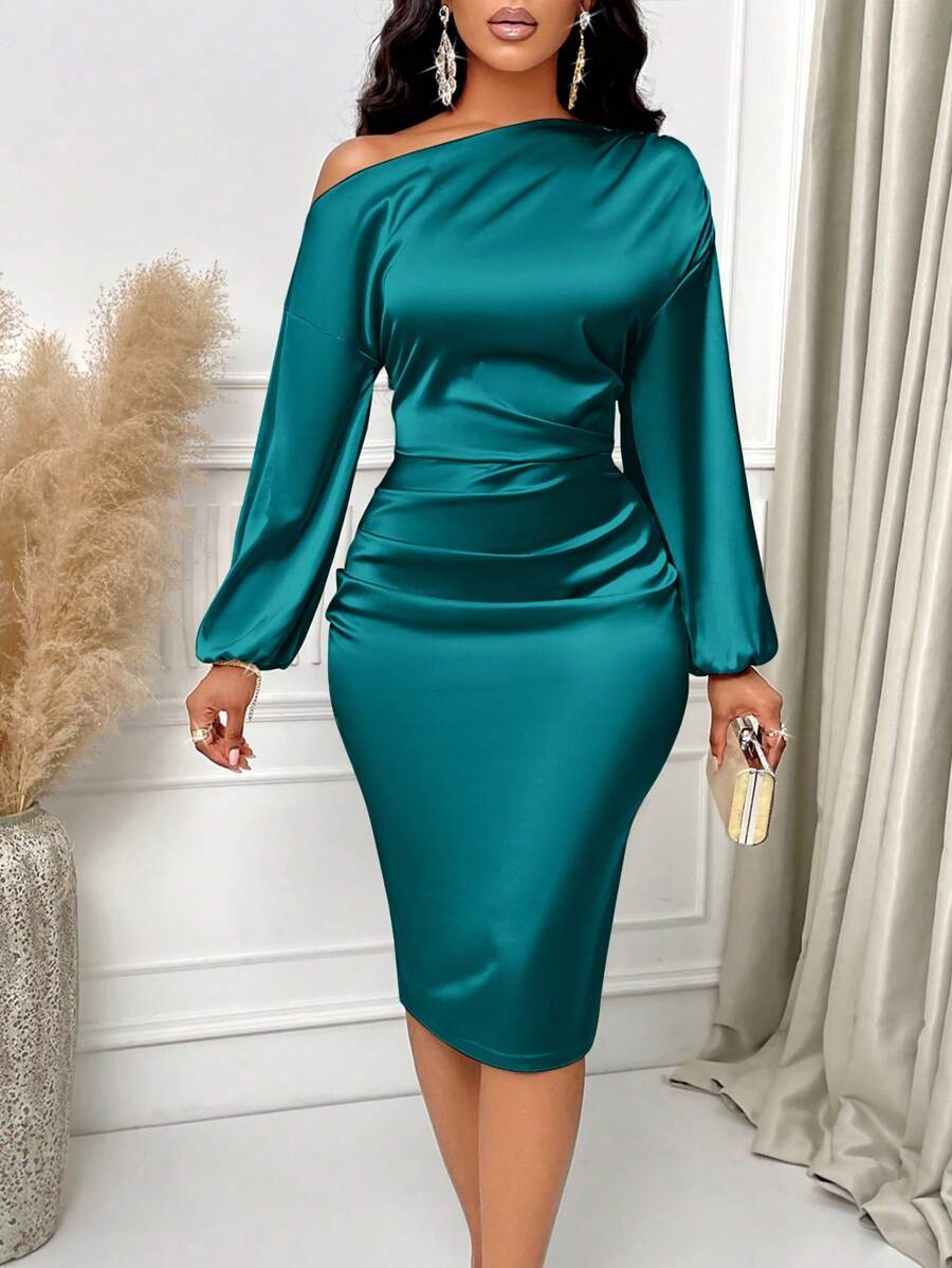 Sabrina | Asymmetric Neck Ruched Satin Midi Dress
