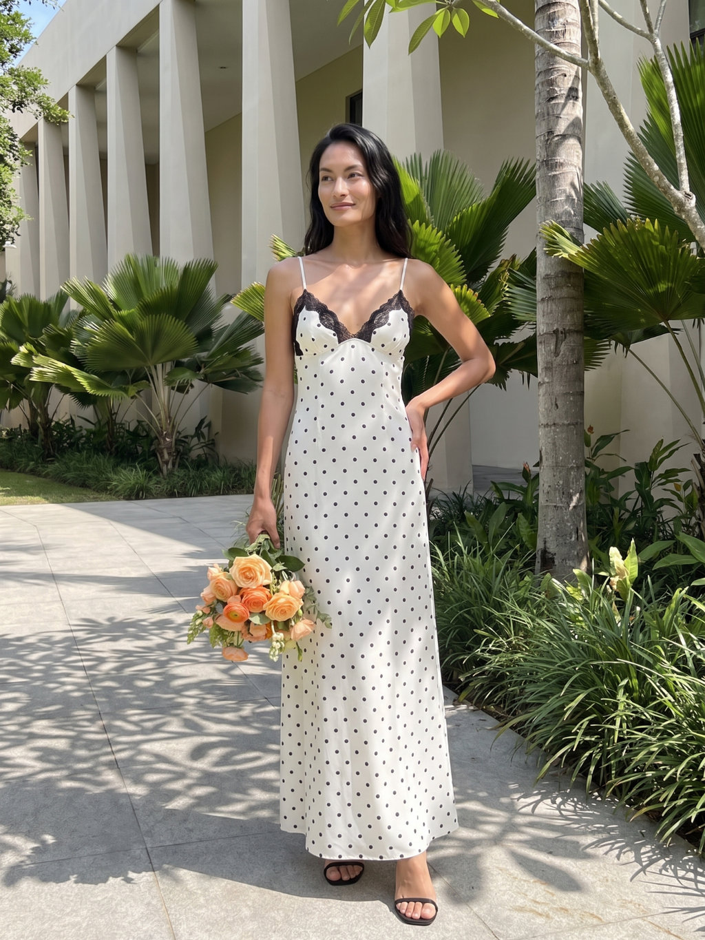 Emmeline | Polka Dot Lace Trim Slip Maxi Dress