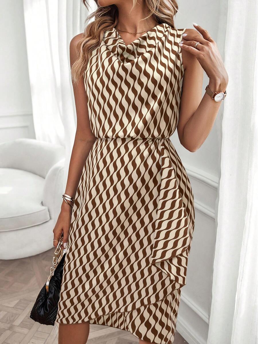 Camryn | Geometric Print Cowl Neck Asymmetric Hem Dress