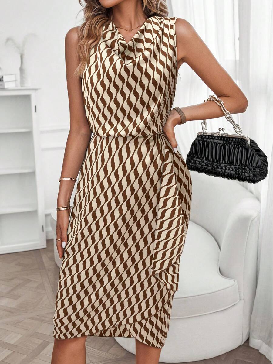 Camryn | Geometric Print Cowl Neck Asymmetric Hem Dress
