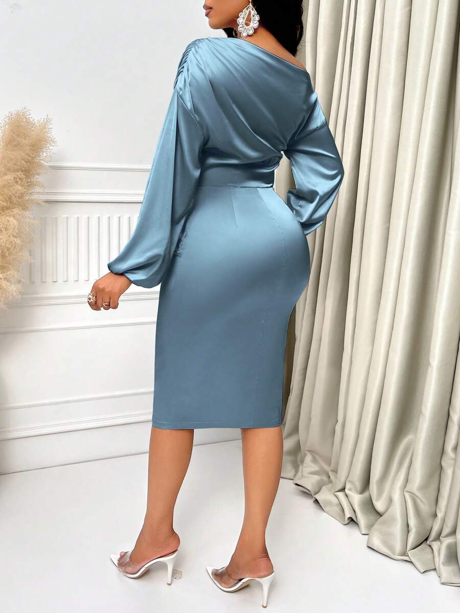 Sabrina | Asymmetric Neck Ruched Satin Midi Dress