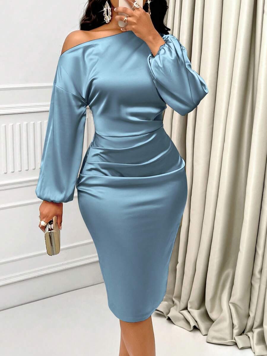 Sabrina | Asymmetric Neck Ruched Satin Midi Dress