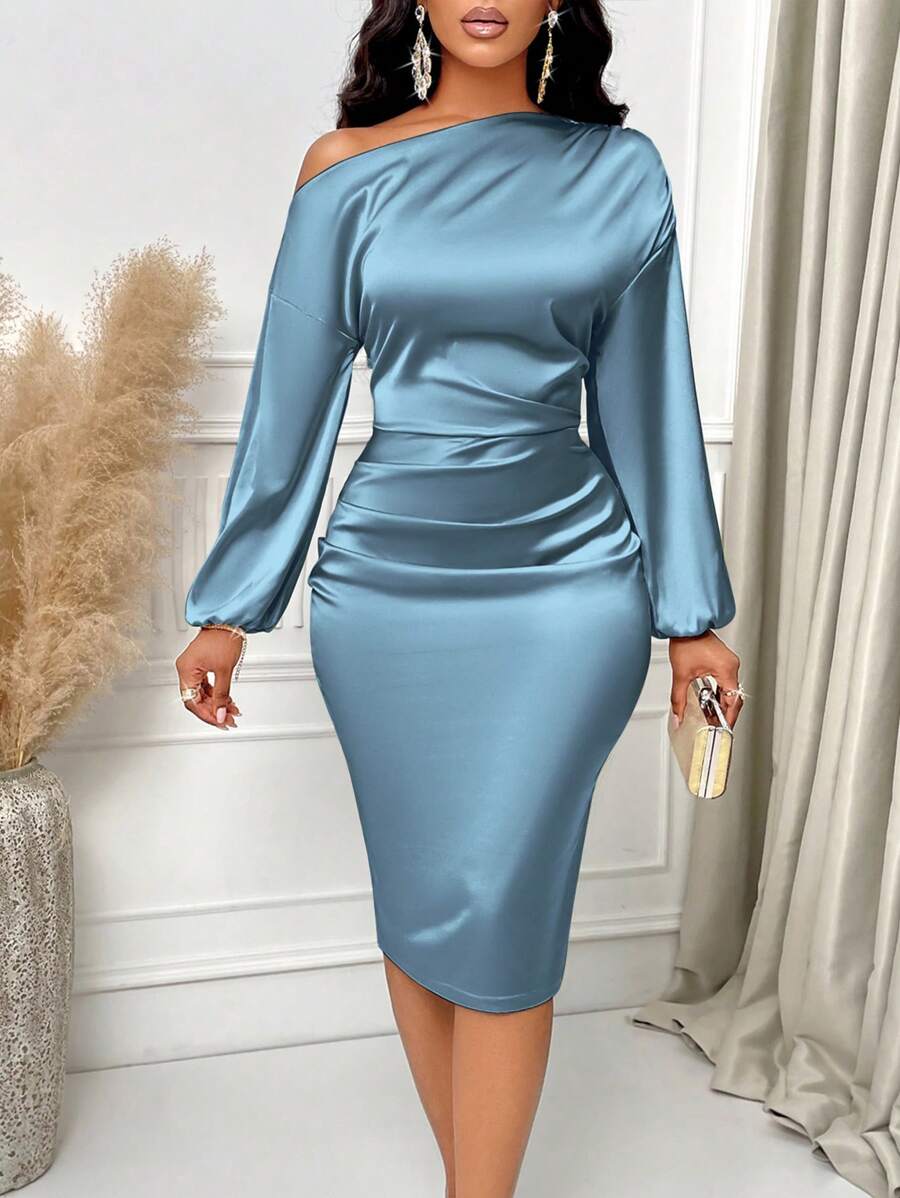 Sabrina | Asymmetric Neck Ruched Satin Midi Dress