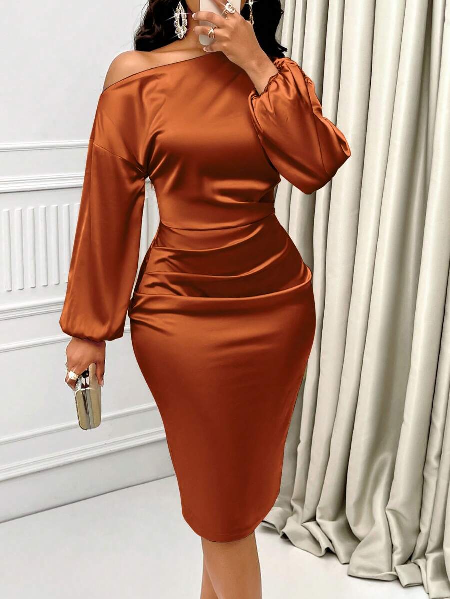 Sabrina | Asymmetric Neck Ruched Satin Midi Dress