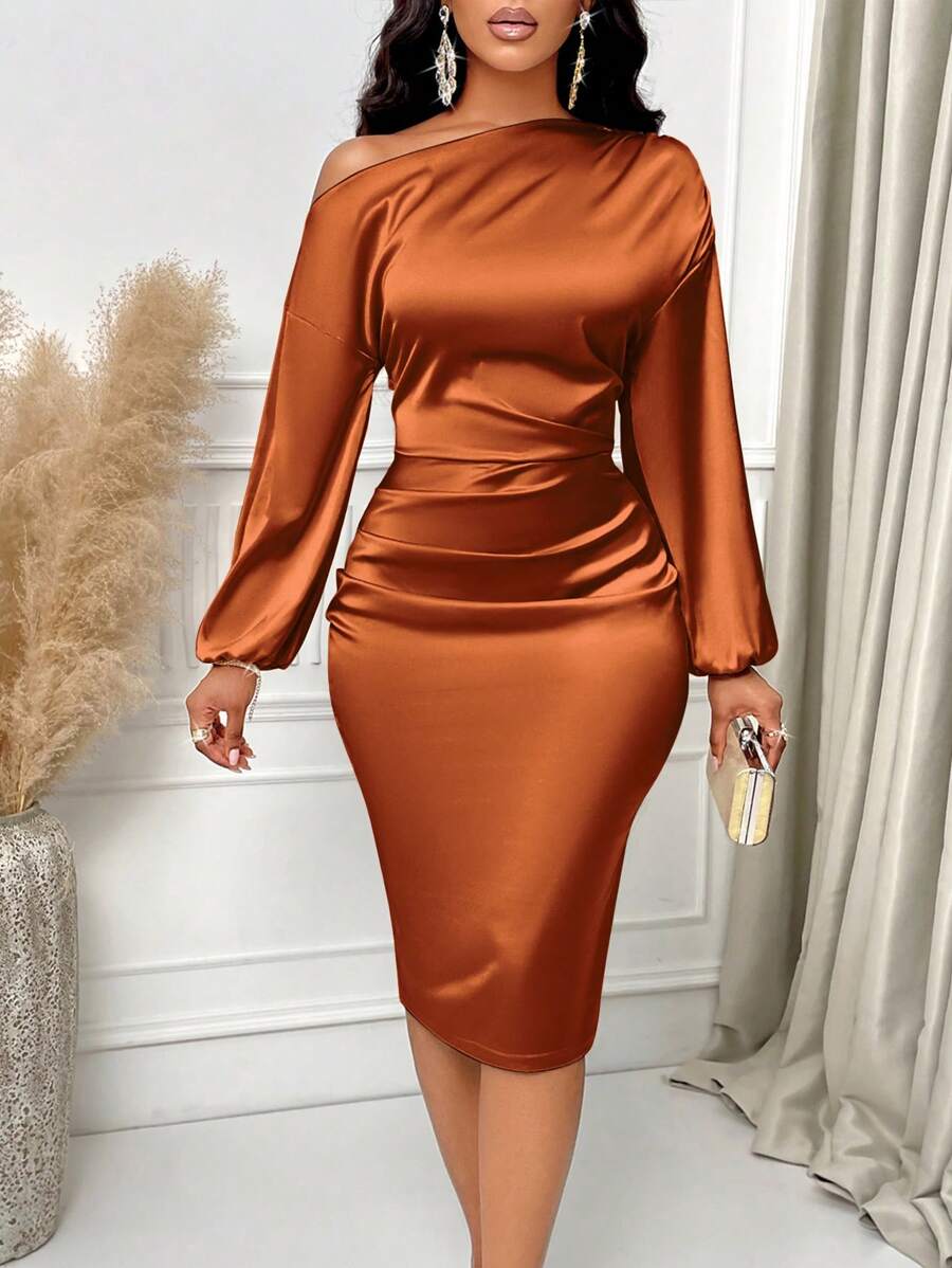 Sabrina | Asymmetric Neck Ruched Satin Midi Dress