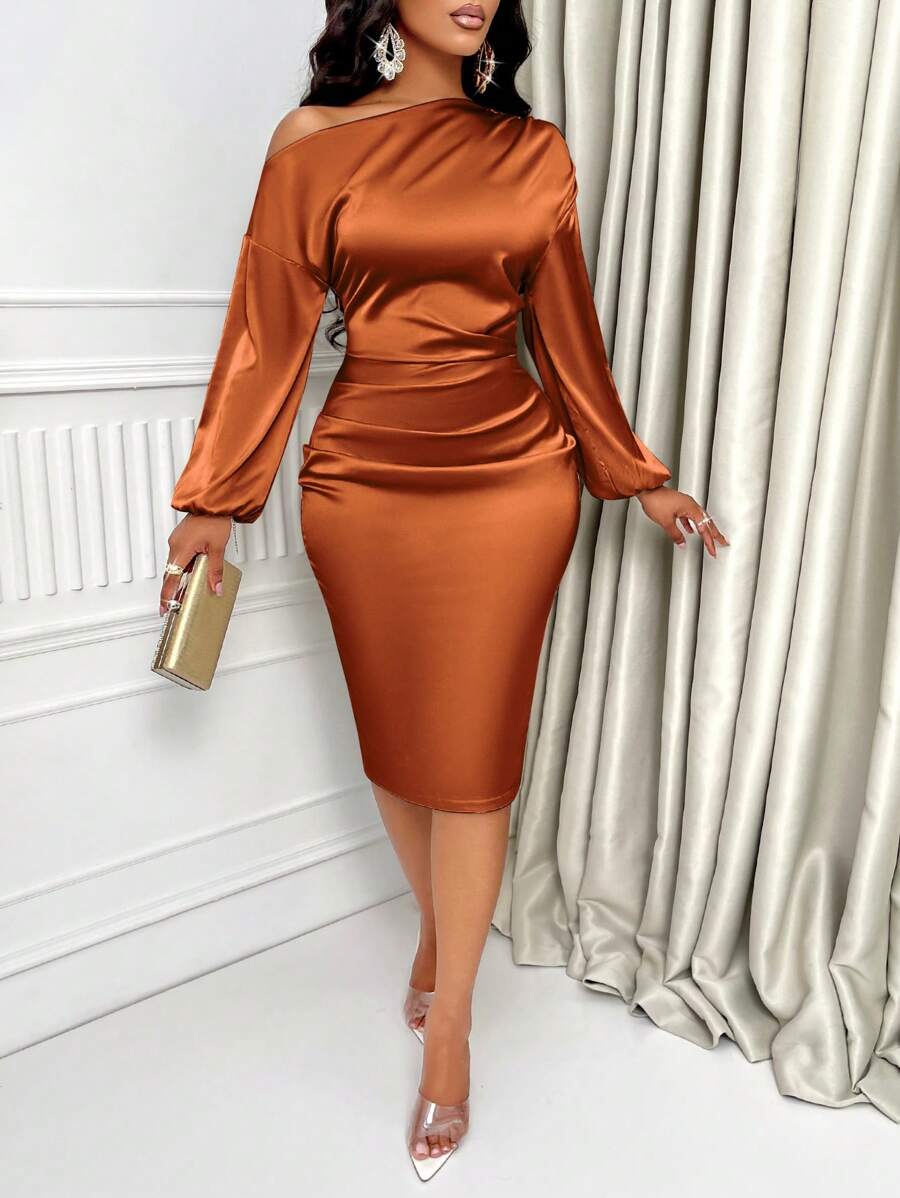 Sabrina | Asymmetric Neck Ruched Satin Midi Dress