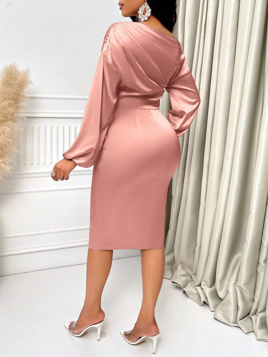 Sabrina | Asymmetric Neck Ruched Satin Midi Dress