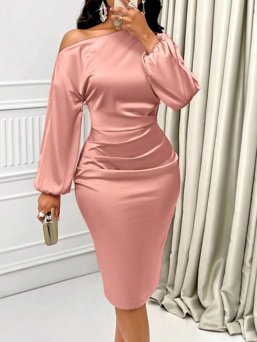 Sabrina | Asymmetric Neck Ruched Satin Midi Dress
