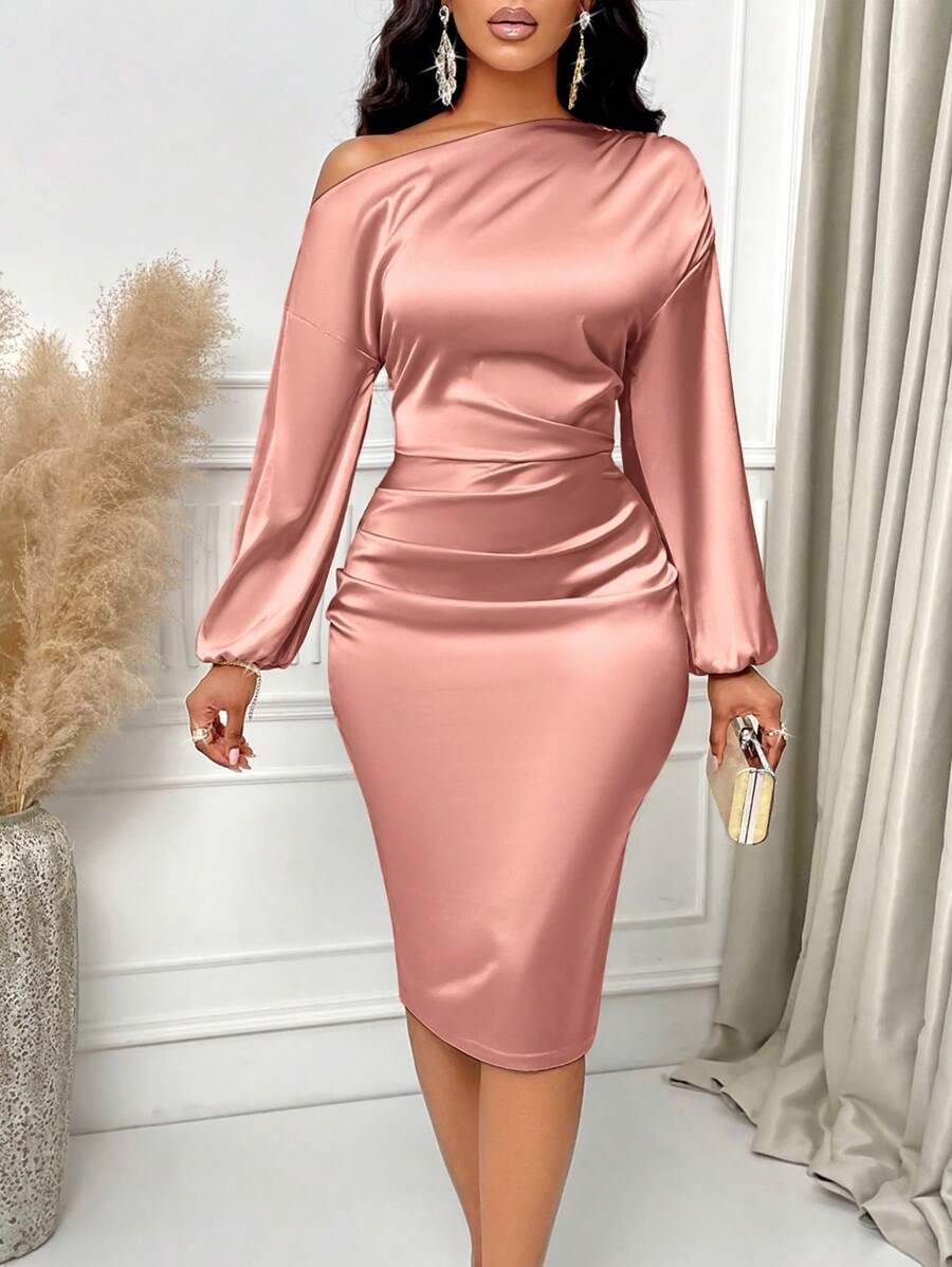 Sabrina | Asymmetric Neck Ruched Satin Midi Dress