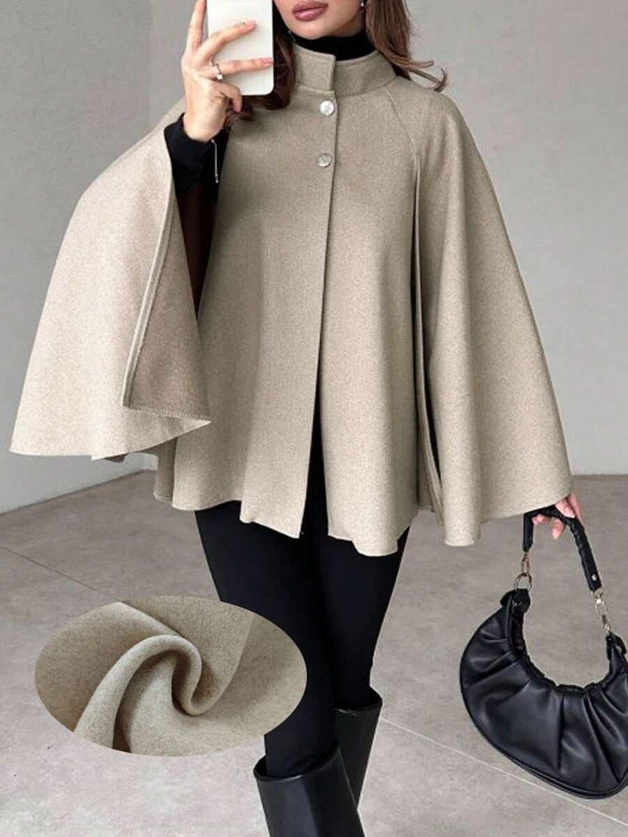 Angela | Cape Sleeve Stand Collar Overcoat, Elegant Minimalist Outerwear