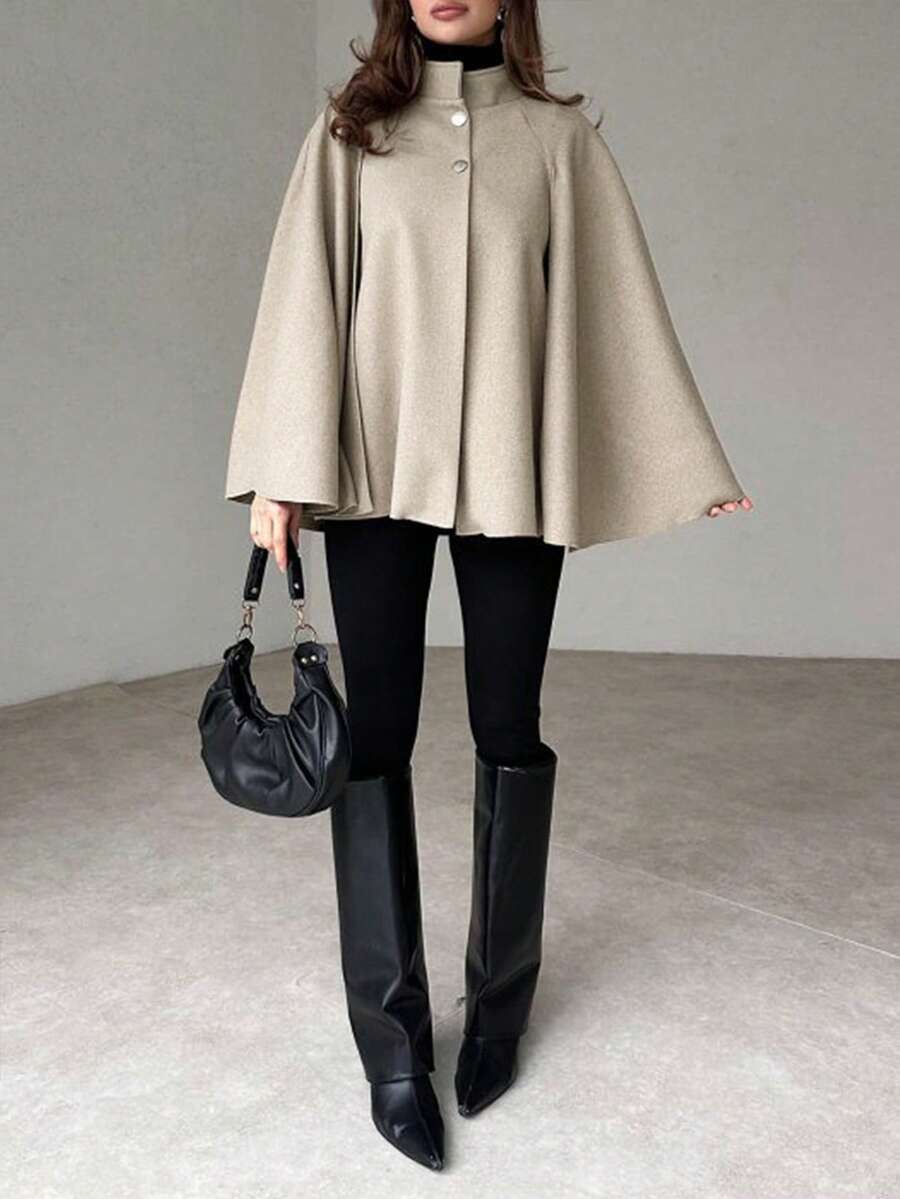 Angela | Cape Sleeve Stand Collar Overcoat, Elegant Minimalist Outerwear