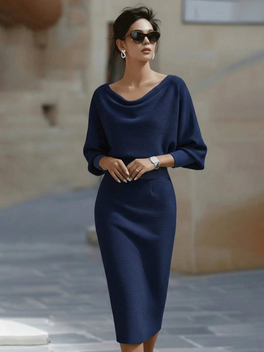 Noelle | Ribbed Knit Batwing Sleeve Midi Dress