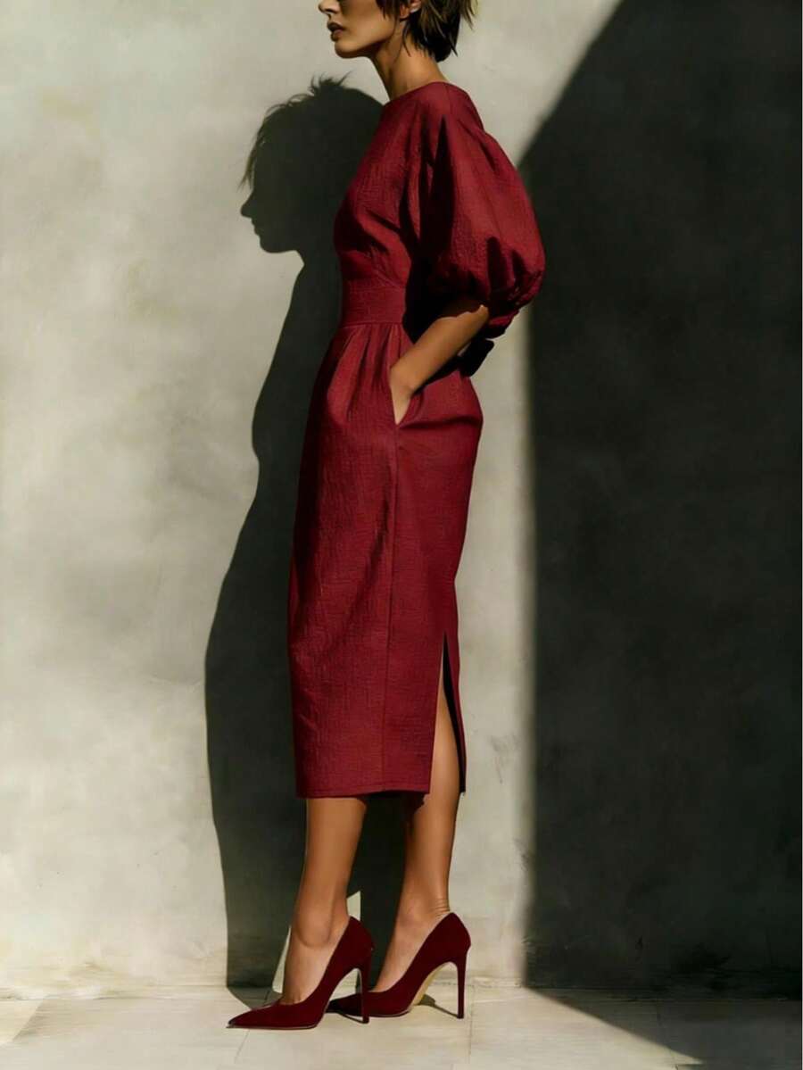Vionne | Balloon Sleeve Boat Neck Pencil Midi Dress