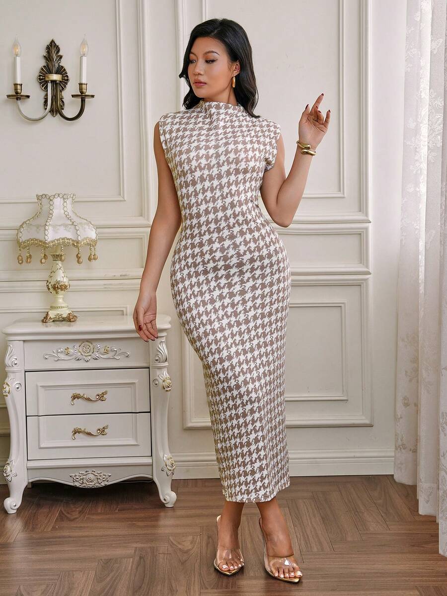 Ingrid | Houndstooth Stand Collar Bodycon Midi Dress