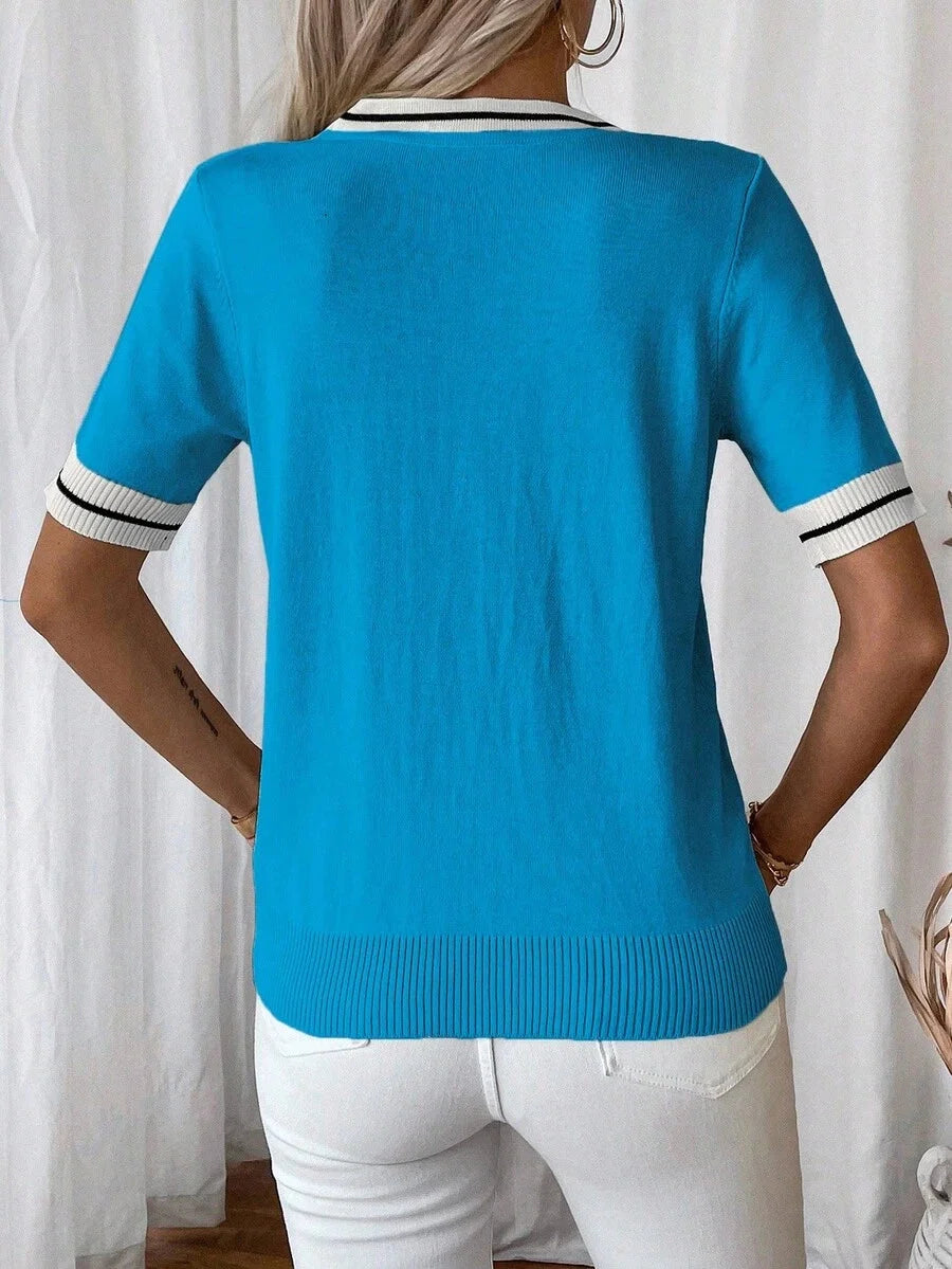 Madelyn | Tie-Neck V-Neck Knit Top with Contrast Trim, Everyday Short Sleeve Sweater