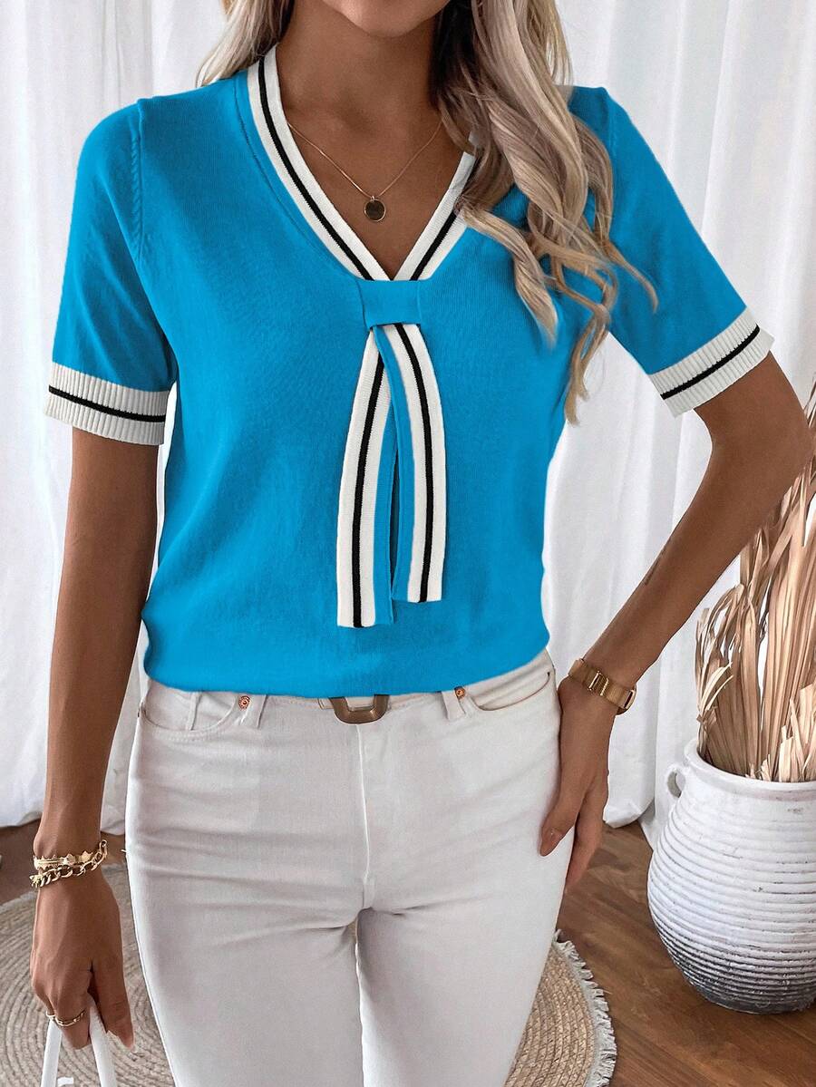 Madelyn | Tie-Neck V-Neck Knit Top with Contrast Trim, Everyday Short Sleeve Sweater
