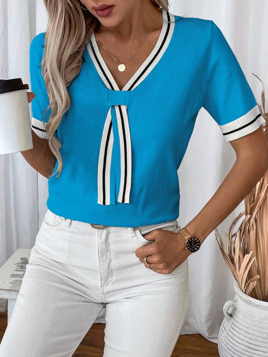 Madelyn | Tie-Neck V-Neck Knit Top with Contrast Trim, Everyday Short Sleeve Sweater